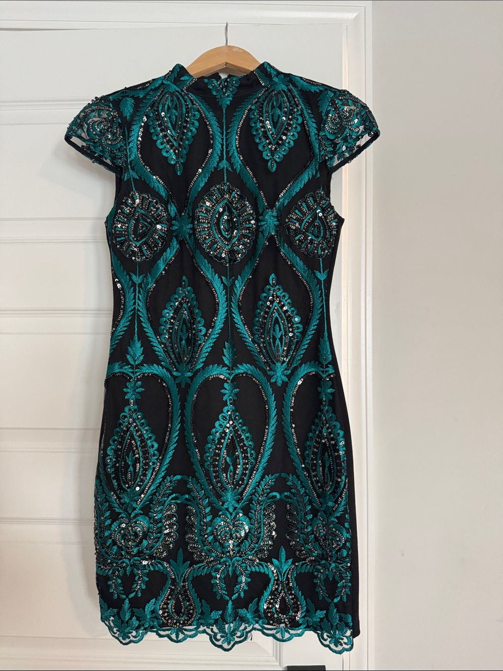 Black Mini Dress with Teal Embroidered Detailing Size 4